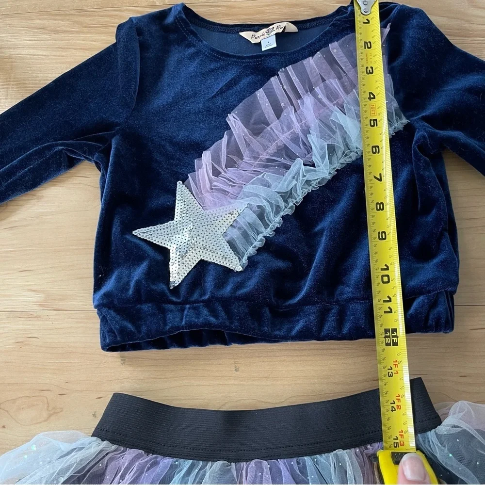 Girls Tulle Skirt Set Two Piece Velvet Star Rainbow Long sleeve Tutu Dress Sz 4